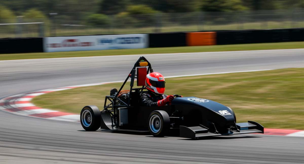 E-Racing UDEP monoplaza eléctrico Fórmula SAE 2026 con motor Emrax en pista de carreras, equipo de ingeniería peruana competencia universitaria